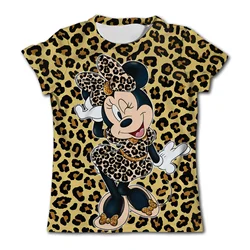 T-Shirt stampata leopardo ragazza T-Shirt Minnie Mouse maglietta Kawaii Disney Cartoon abbigliamento Casual Tees bambini ragazze manica corta