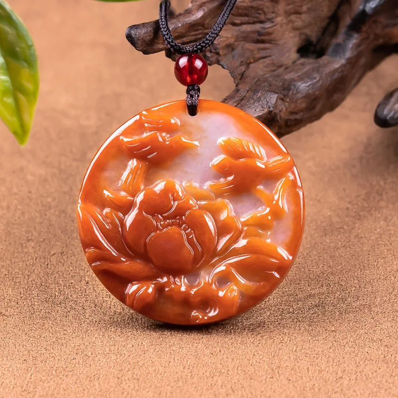 Natural Grade A Jadeite Round Flower Pendant with Cord, Exquisite Jade Necklace Jewelry