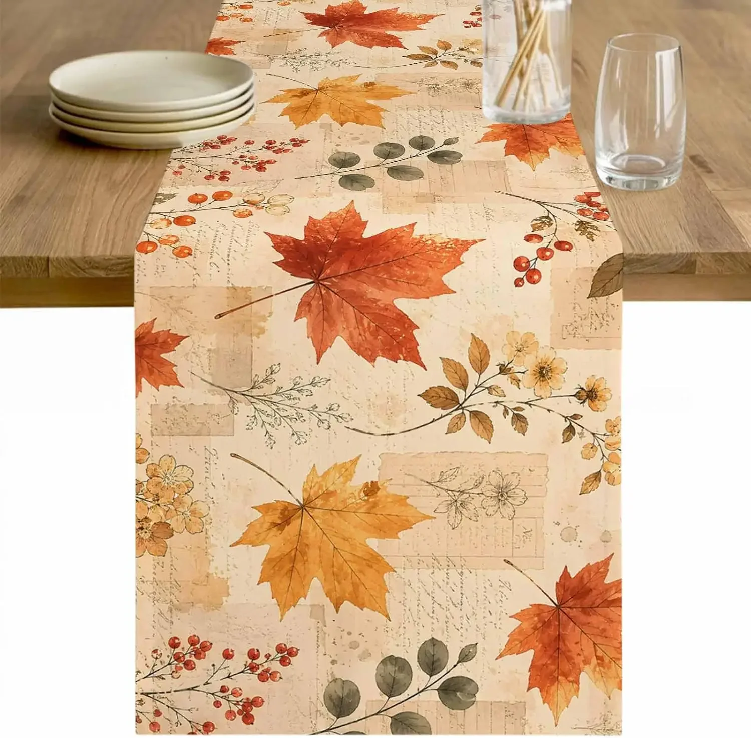Fall Harvest Maple Leaf Linen Table Runner, Kitchen Dining & Party Decor, Festive Atmosphere Table Runner