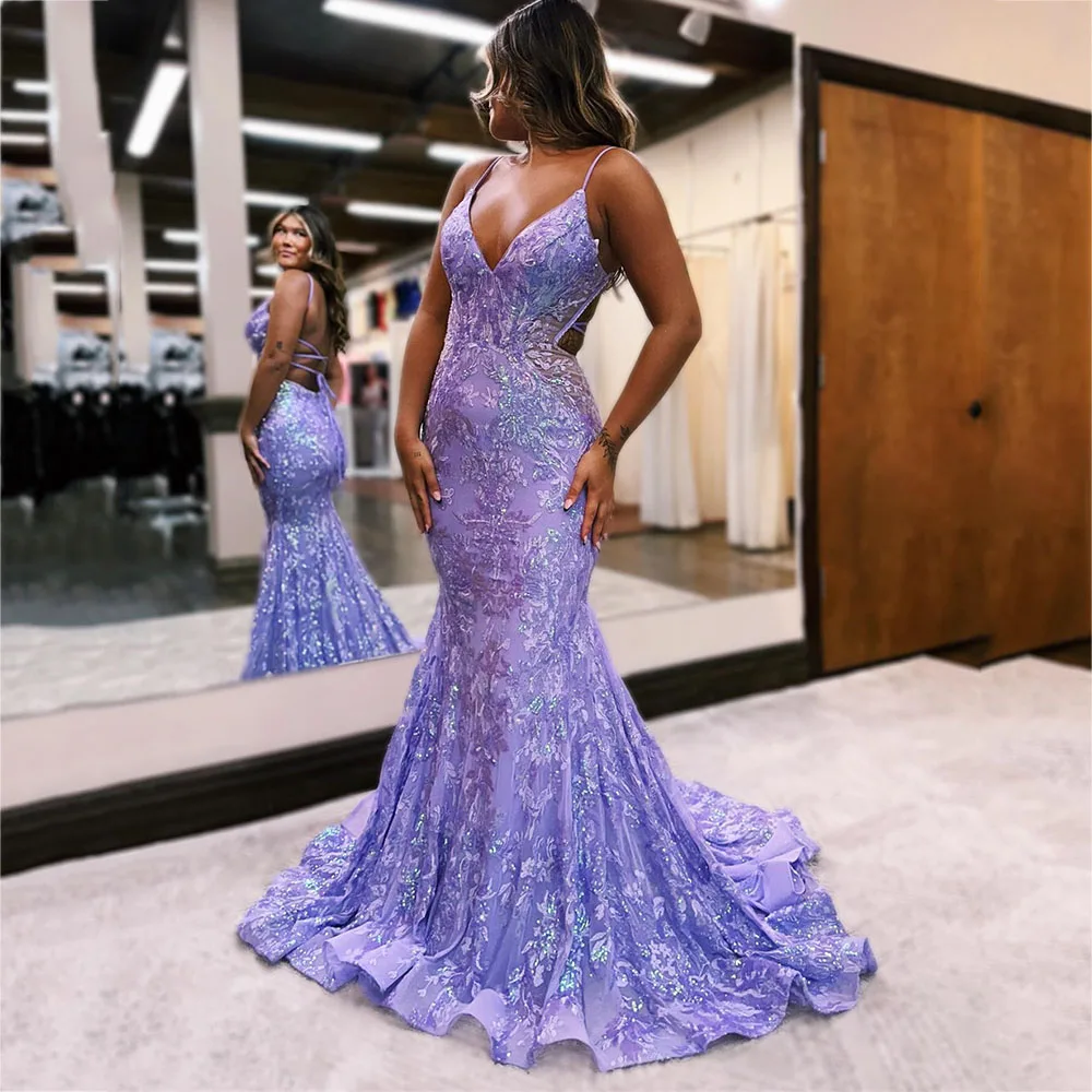 

Exquisite Pleats V-Neck Sequined Lace Mermaid Women Prom Dresses Spaghetti Strap Floor-Length Court Train Evening Gowns