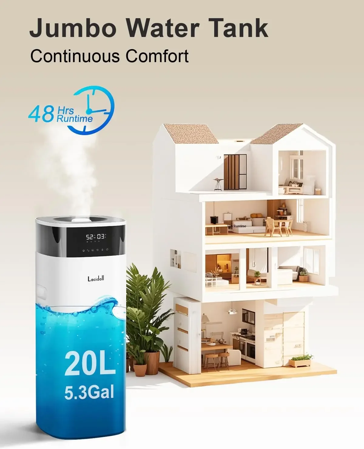 Habitación grande 5.3Gal/20L - Humidificadores de niebla fría y cálida para el hogar 3000 pies cuadrados, humidificadores de aire para dormitorio con difusor y T extendido