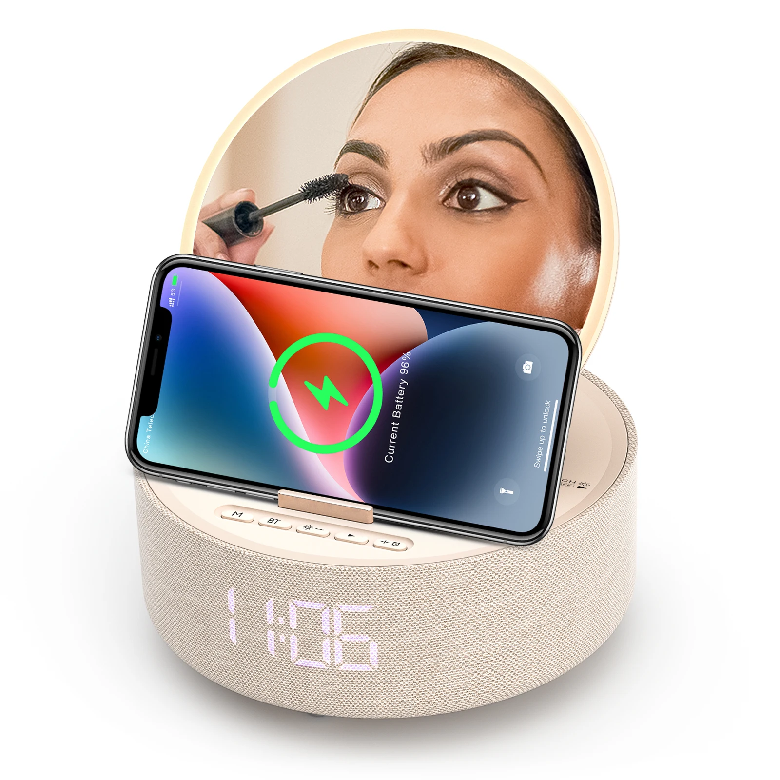 100W Fast Wireless Charger Digital Alarm Clock Bluetooth Speaker Charging Vanity Mirror for IPhone 14 13 Dimmable LED Display