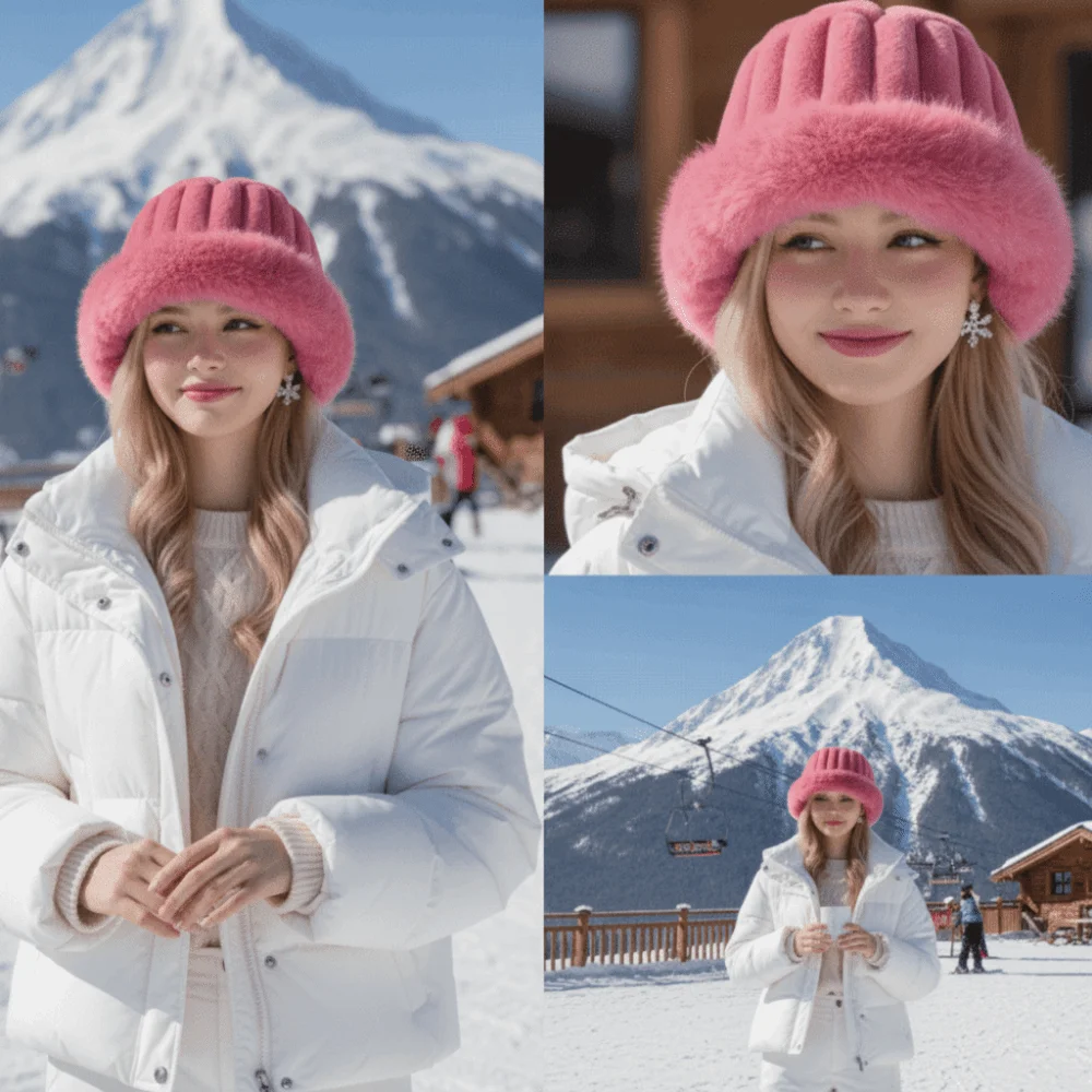 Vertical Texture Striped Fur Hat Faux Fur Brim Fleece Lining Puffy Bucket Cap Solid Color Soft Plush Trapper Hats Skiing