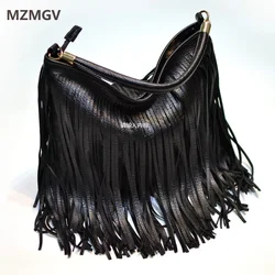 Boho Style Tassels Crossbody Bag for Women 2025 Large Capacity Casual Fringes Shoulder Bag Zipper Large Capacity Soft Leather