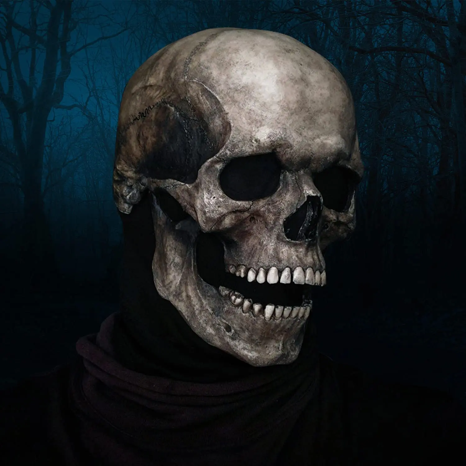 Adult Halloween Latex Skull Mask with Moving Jaw, Full Head, Black