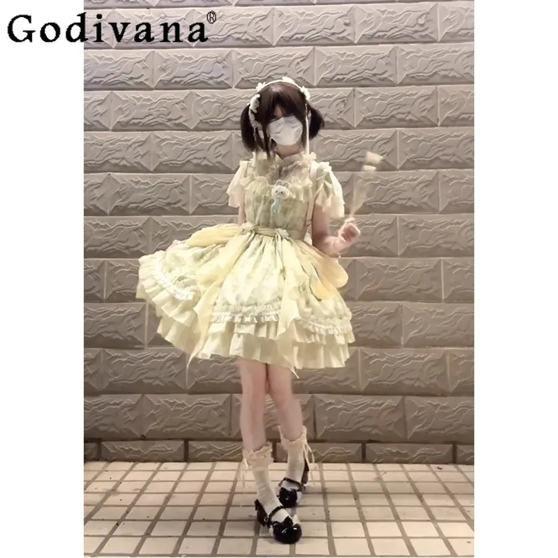 Green Chinese Style Lolita Dress for Women Summer National Style Cute OP Lolita Dress Female Princess Short Sleeve Dress