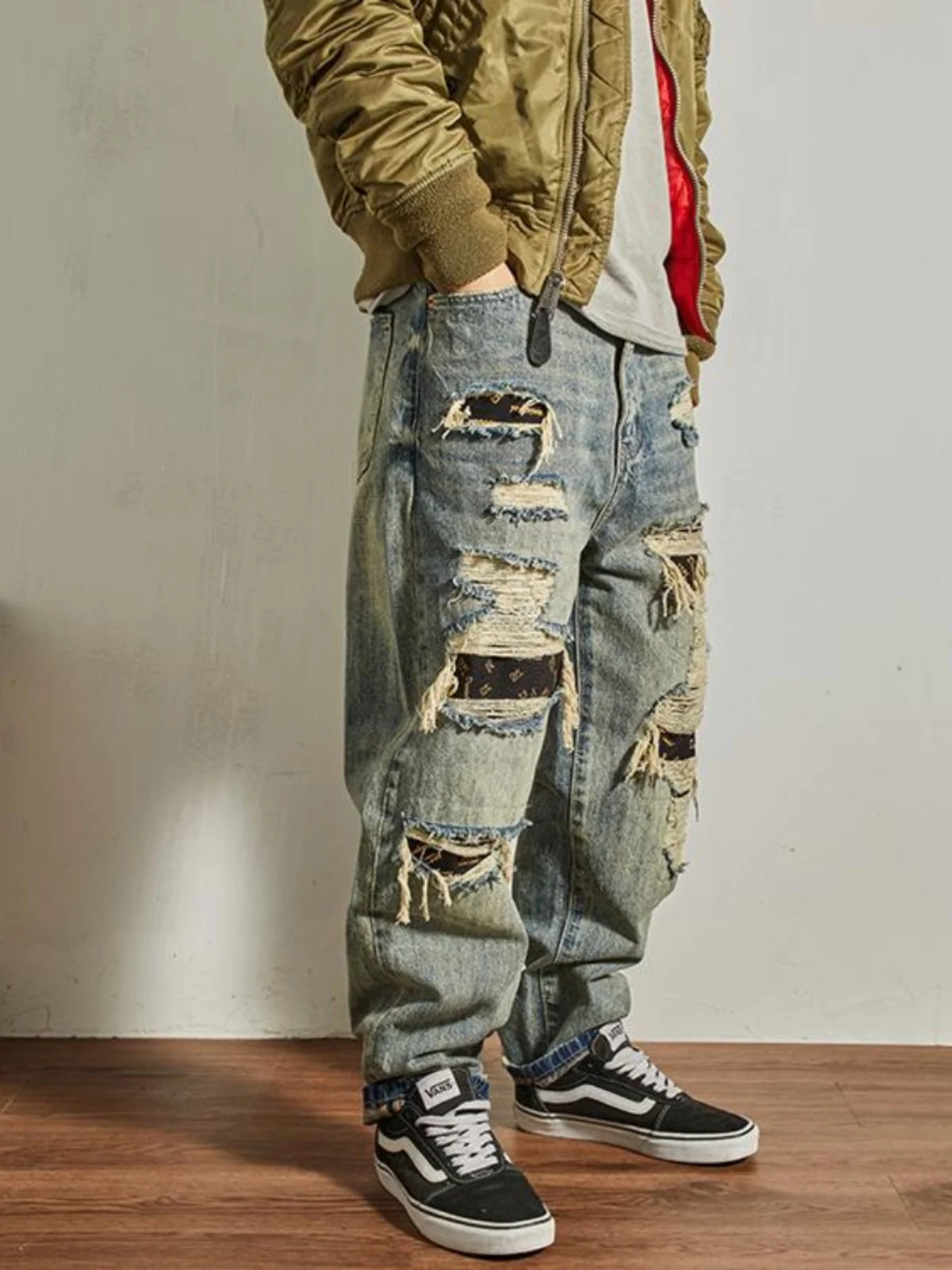 

Retro American Denim Jeans Men's Loose Straight High Street Trend Patchwork Hole Jeans Men's Autumn Winter Wear Resistant