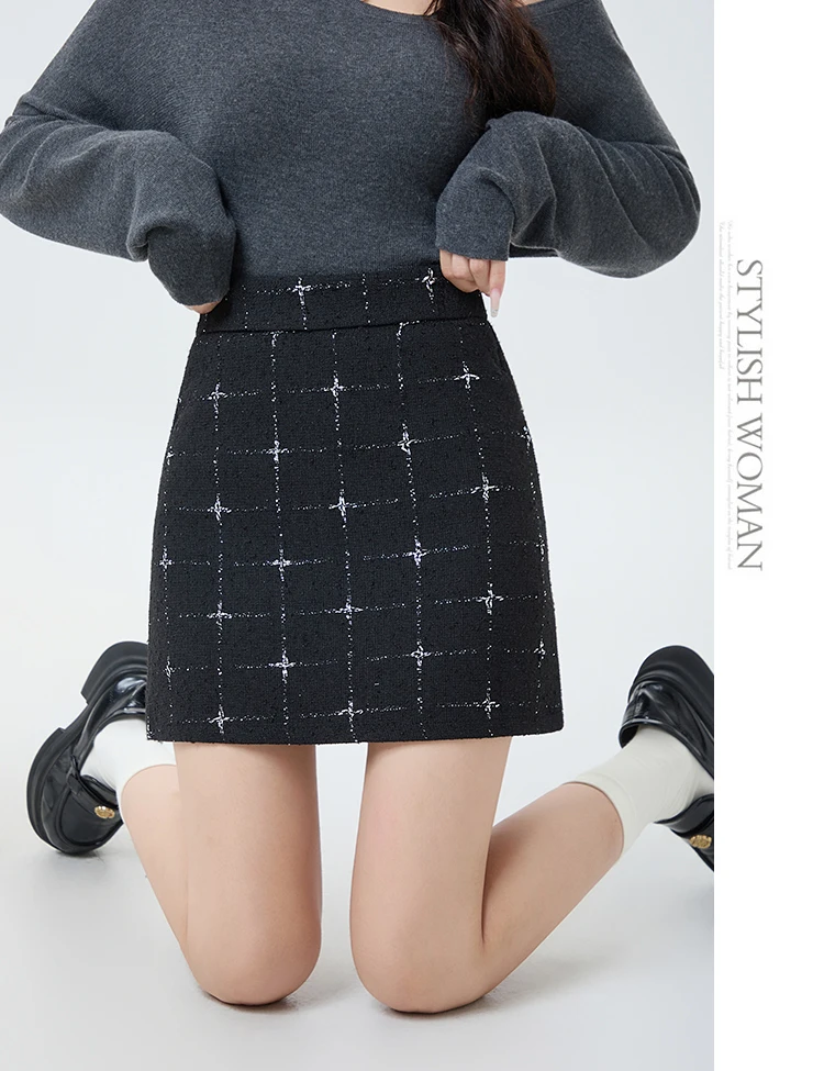 Saia feminina xadrez mini cintura alta uma linha coreano pequena fragrância cor contrastante cor sólida versátil saco de quadril saia inverno