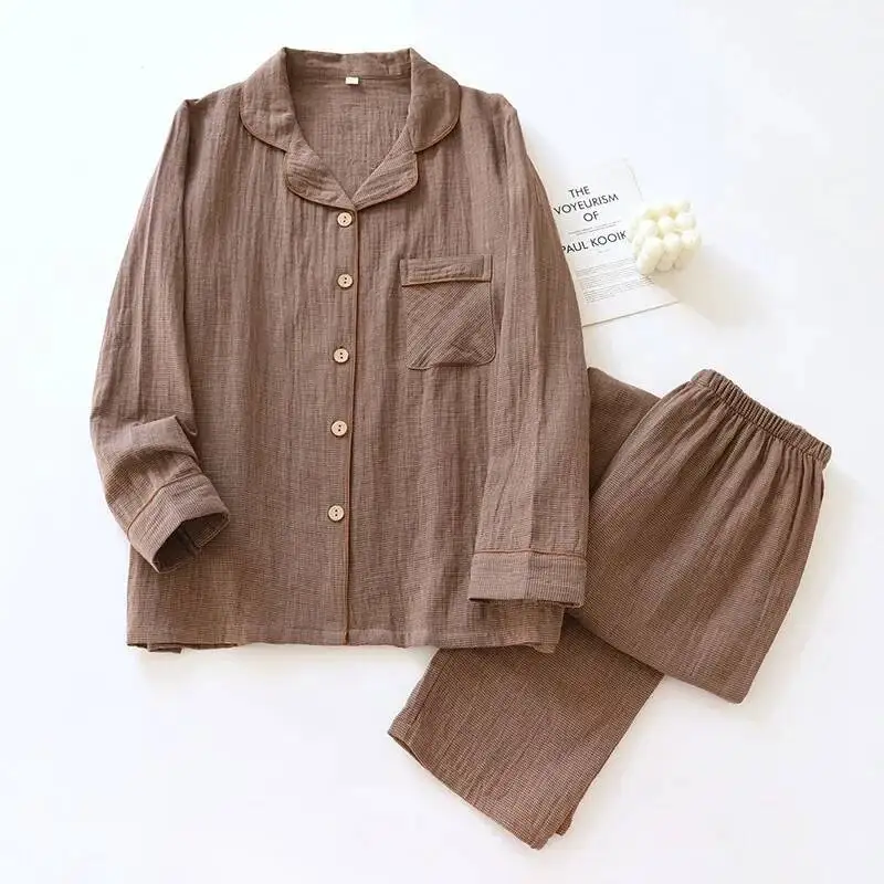 

Couple's Sleepwear Clothes Cotton Sleeved Long Pants Spring And Autumn Solid Color Comfortable Cardigan Home Pama Set