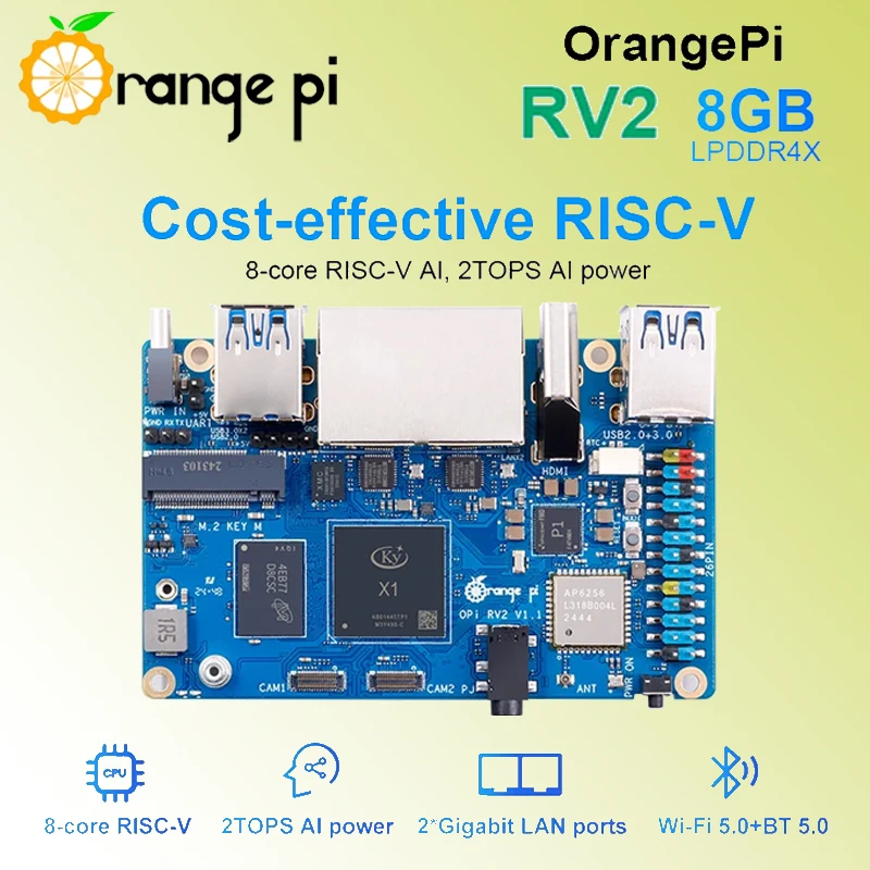 Orange Pi RV2 8GB RAM 단일 보드 DDR4 WiFi BT5.0 BLE 8 코어 RISC-V 2TOPS AI CPU M2 PCIE SSD 미니 PC 지원 Ubuntu OS