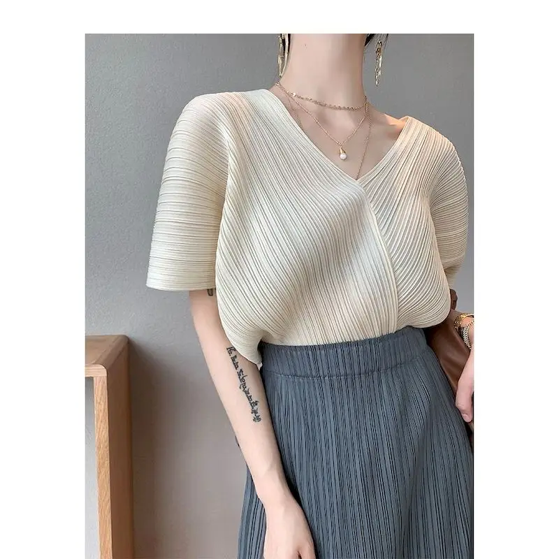 

Folding Small Blouse for Women Fashion Design Short Sleeve Tshirt Summer Trend Thin Loose V-neck Chiffon T Shirt Ins Y2k T-shirt