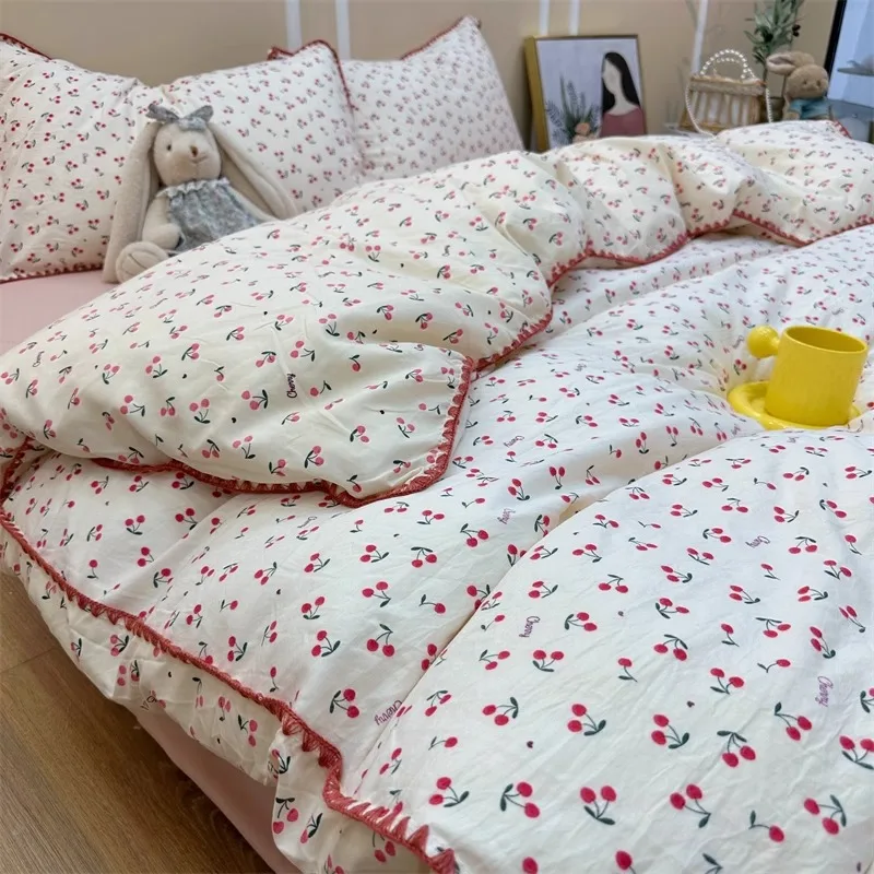 Girly Gouble-Layer Yarn Small Cherry Skin-Friendly Soft Four-Piece Quilt Cover Set Three-Piece Bed Sheet Set