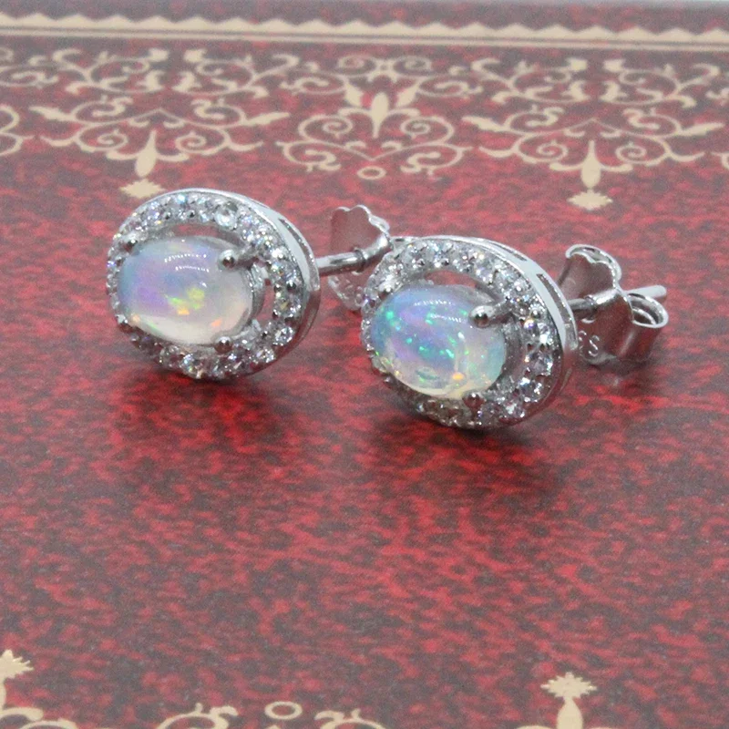 الكلاسيكية 925 أوبال الفضة وأقراط 4*6 مللي متر العقيق الطبيعي الفضة أقراط الحساسية الحرة 18K مطلية بالذهب الأحجار الكريمة والمجوهرات