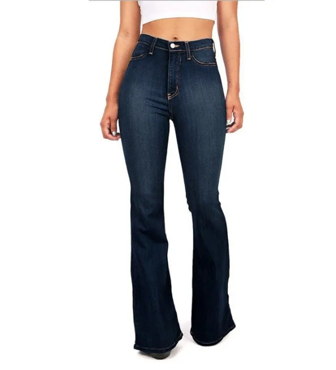 Celana Jeans Wanita High Waist Slim Fit Flare Panjang Bahan Denim Kasual Tahan Aus Kain Polyester Micro Flare
