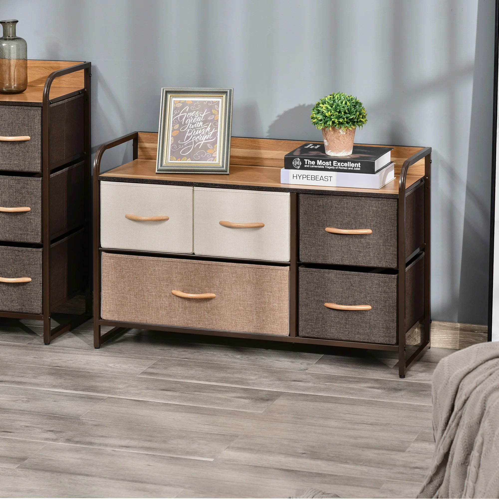 5-Drawer Dresser, 2-Tier Storage Tower with Steel Frame for Bedroom, Nursery Room, Multicolored