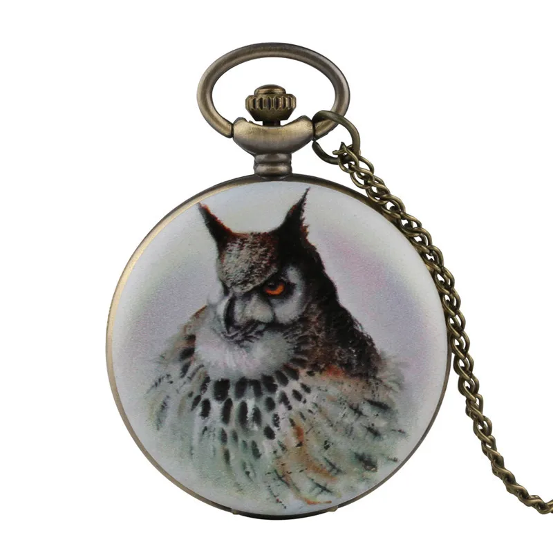 Relógio de bolso completo Hunter Owl Quartz para homens e mulheres, estilo Bronze, colar estampado, exibição de número árabe, presente antigo para criança