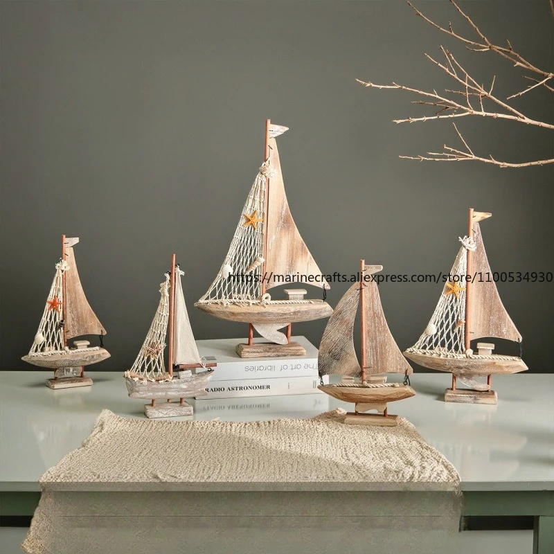 American 3D Sailboat Model Mediterranean Fishing Boat Decor Vintage Wooden Ship Ornament Creative Home Decoration