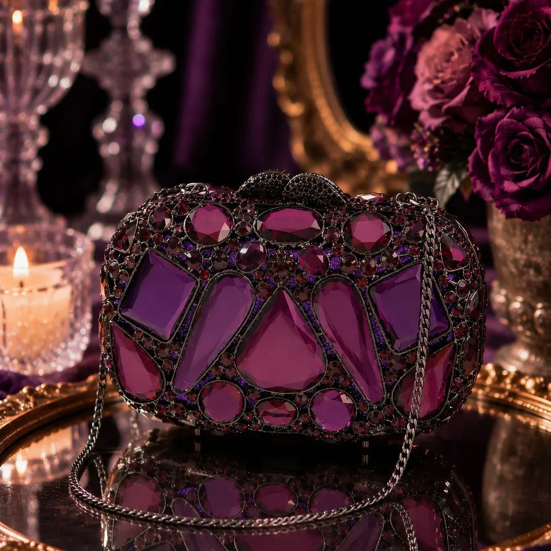 dark purple special-shaped rhinestone dinner bag, oval silver chain bag, banquet dress with light luxury messenger bag.