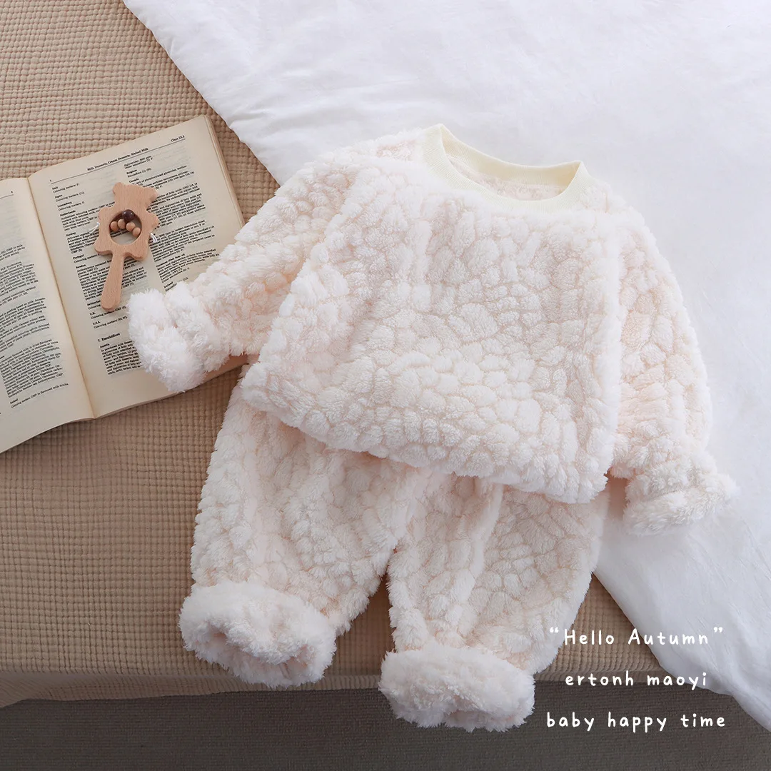 Kids Flannel Pajamas Children Thicken Two-piece Clothing Sets Girls New Fluffy Sleepwears Boys Round Neck Clothing Set