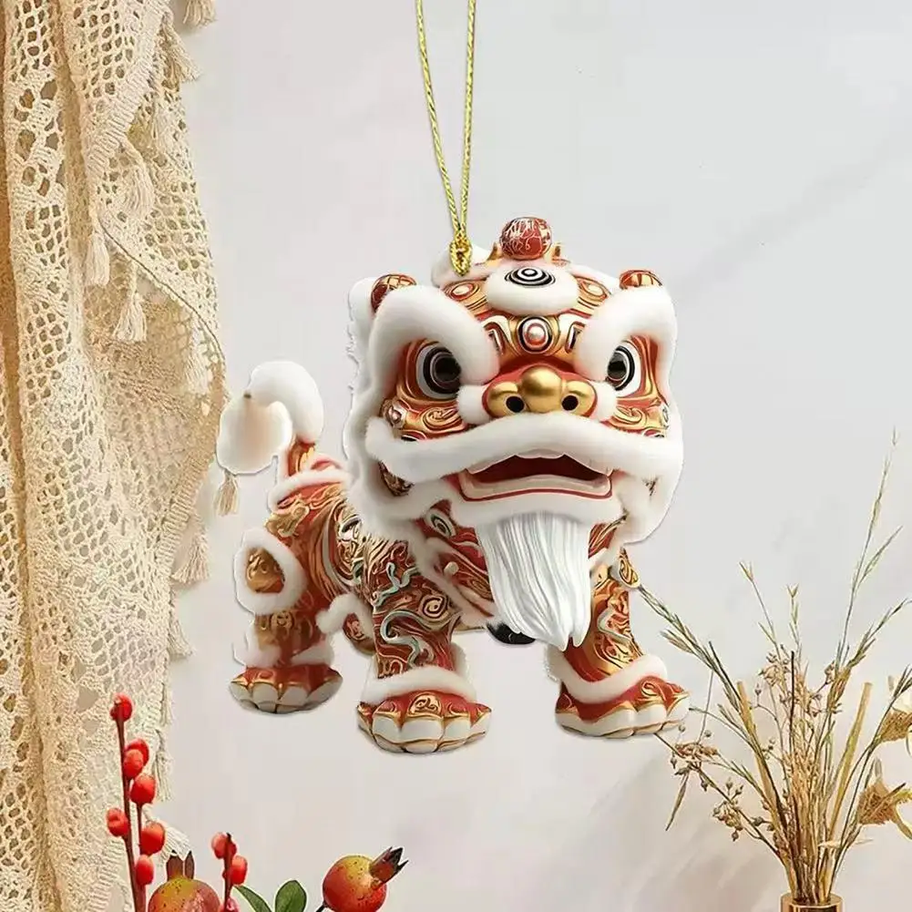 Lion Dance Car Pendant Car Charm Lion Dance Car Pendant with Metal Chain Lion Dance Plush Fabric Charm Good Fortune for Vehicles