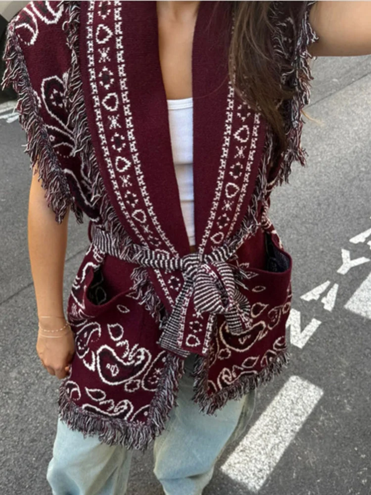Tassel Autumn Women Jacquard Knit Cardigan 2026 Long Sleeve Belt V-neck Female Sweater Fashion Lady Loose Streetwear Cardigan
