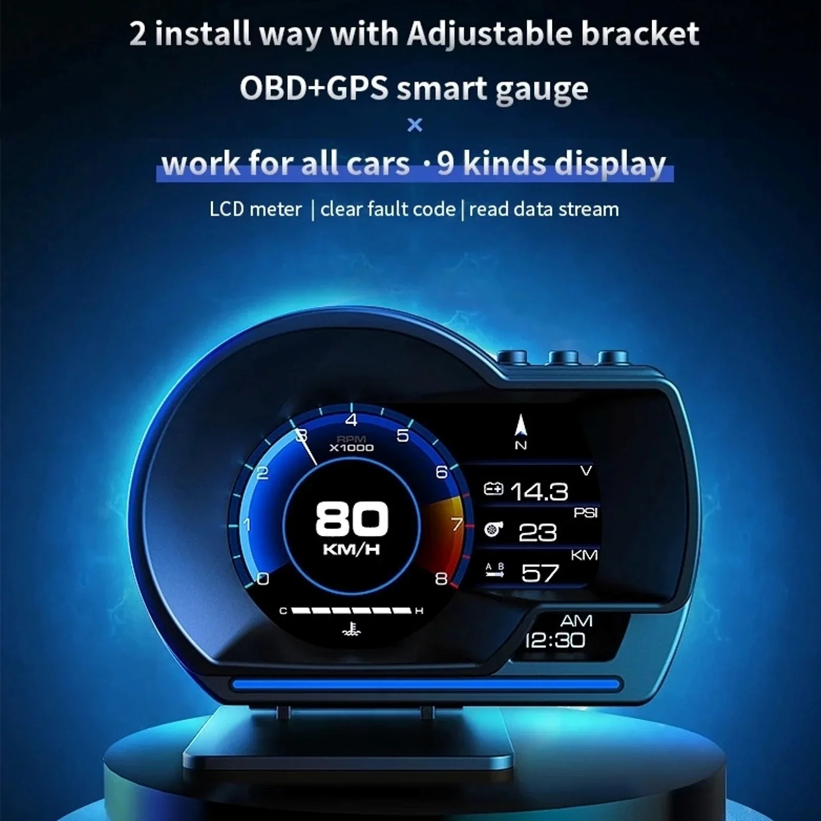 Car Smart Head Up Display OBD2 GPS Digital HUD Speedometer Turbo RPM Alarm Head‑Up Displayer