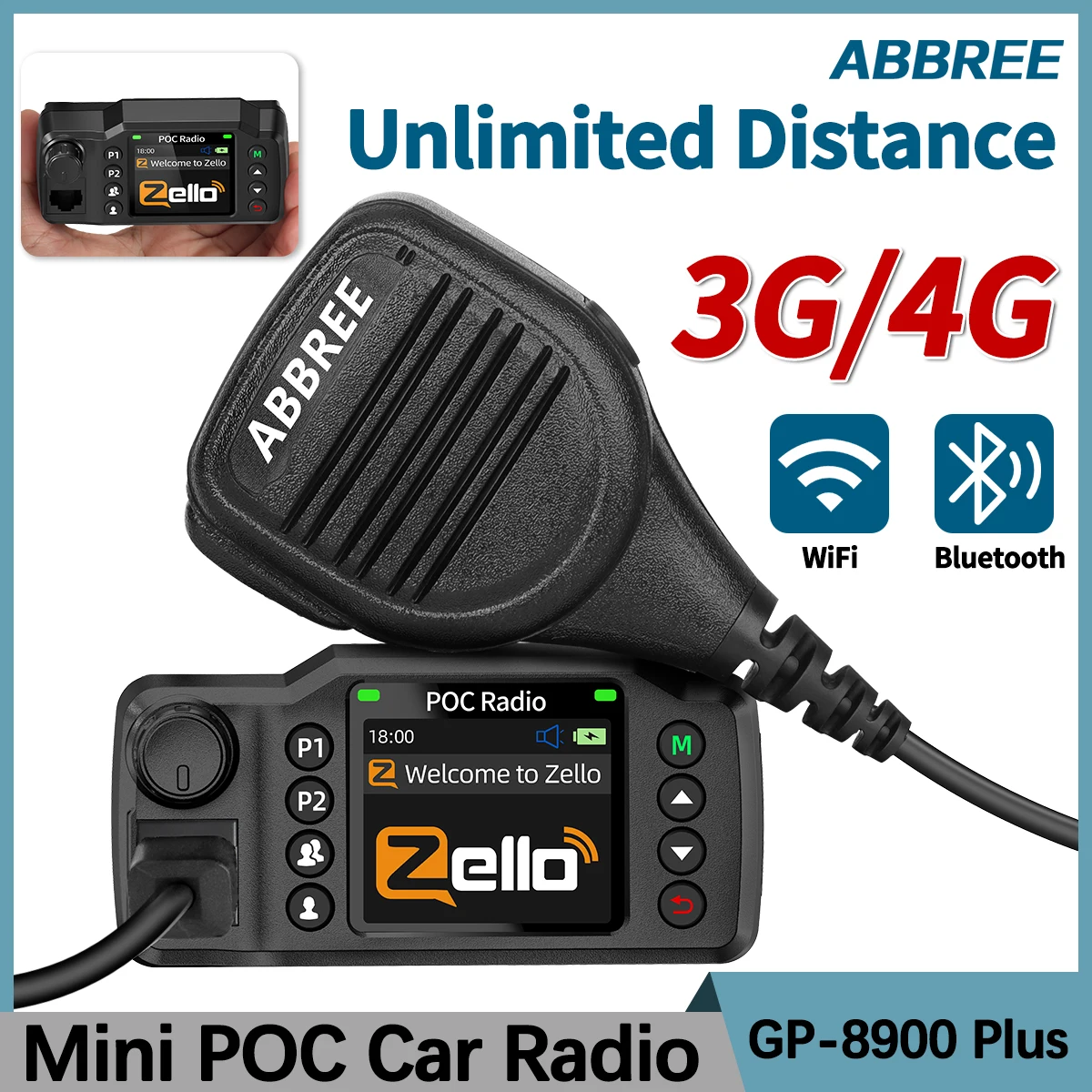 ABBREE GP‑8900 PLUS POC Network Mini Car Radio Unlimited Distance Zello GPS Android 4G/3G/2G Bluetooth WiFi Global Mobile Radio