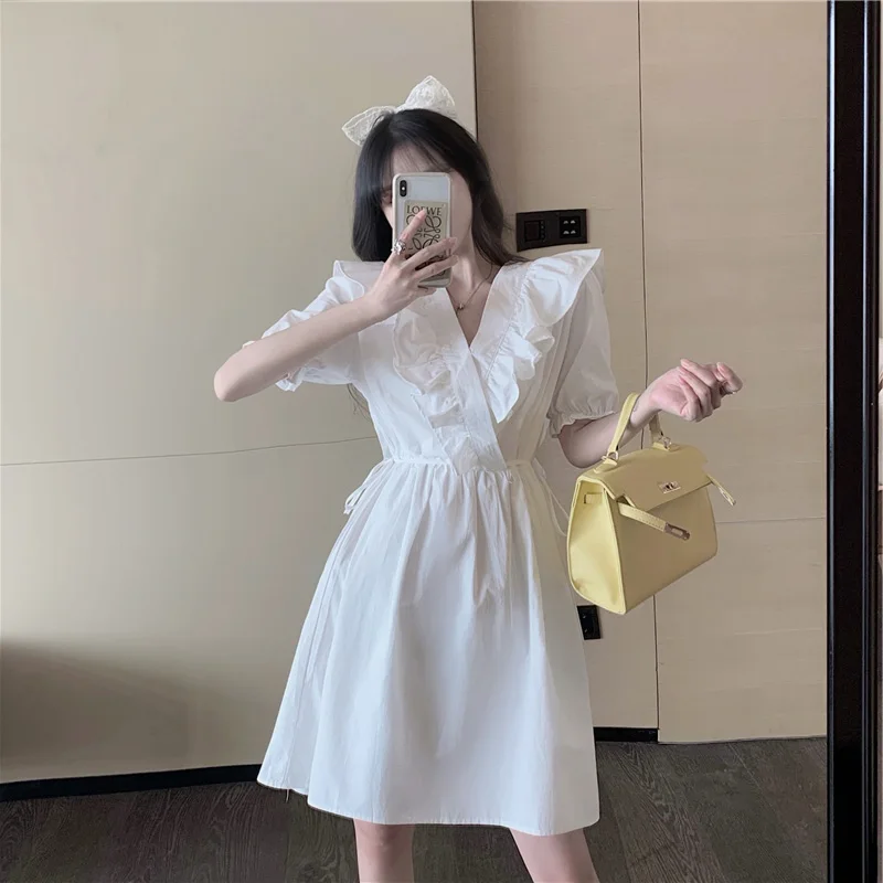 Dresses Women Ruffles A-line Midi Preppy Sweet Cute French Style Retro Ladies Summer Leisure Chic Vacation New Vestidos Design