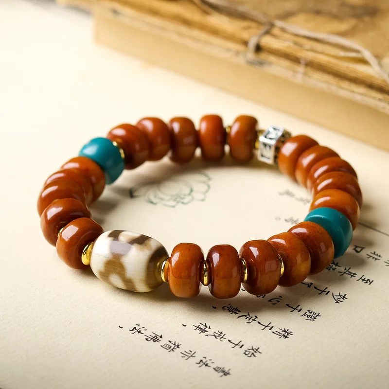 jewelry yak bone barrel bead bracelet, original cultural artifact with three-eyed dzi beads, Tibetan decorative material