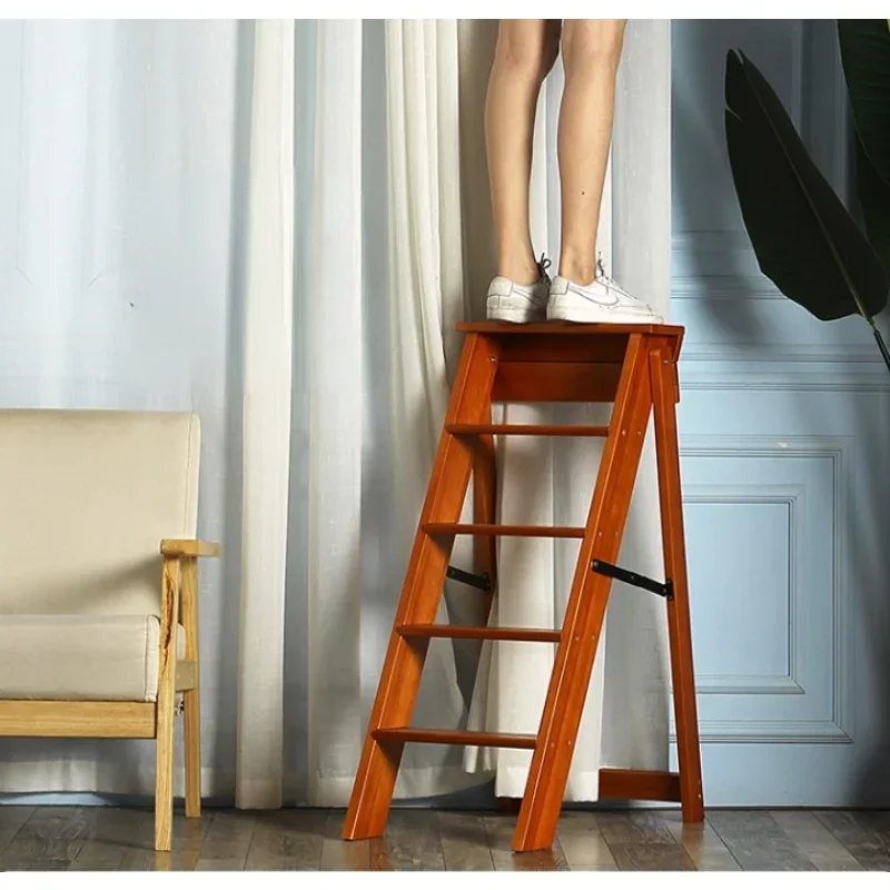 Indoor Thickening Ladder Chair Multi-function Ladder Stool Climbing Folding Step Stool Strong and Stable Wooden Ladder