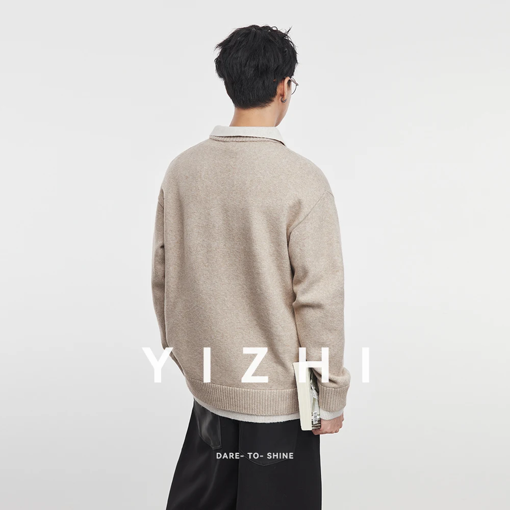 2025 Autumn and Winter New Men's High-grade Shirt Collar Splicing Fake Two-piece Knitted Sweater Loose Men Long-sleeved Sweater