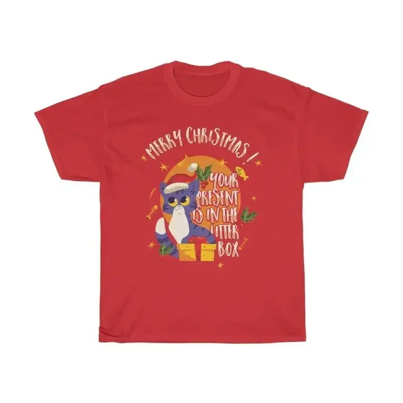 Merry Christmas Your Present Is In The Litter Box Hvy Cotton T Shirt Cat