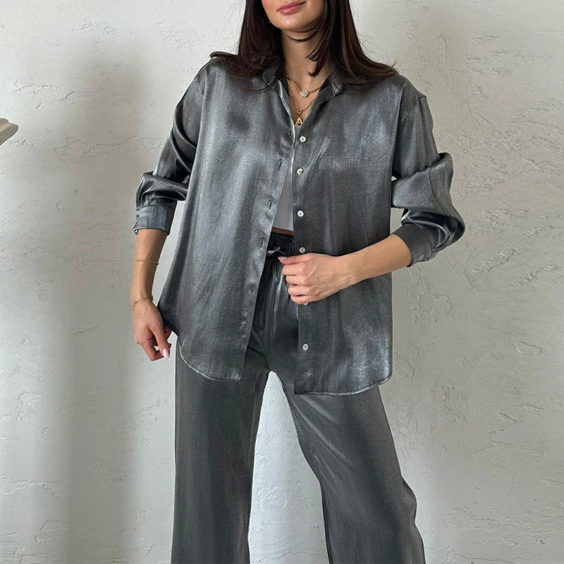 

Spring Autumn Long Sleeved Shiny Silk 2pc Sets Fashion High Waisted Commuting Outfits Ladies Lapel Button Shirt and Pants Suits