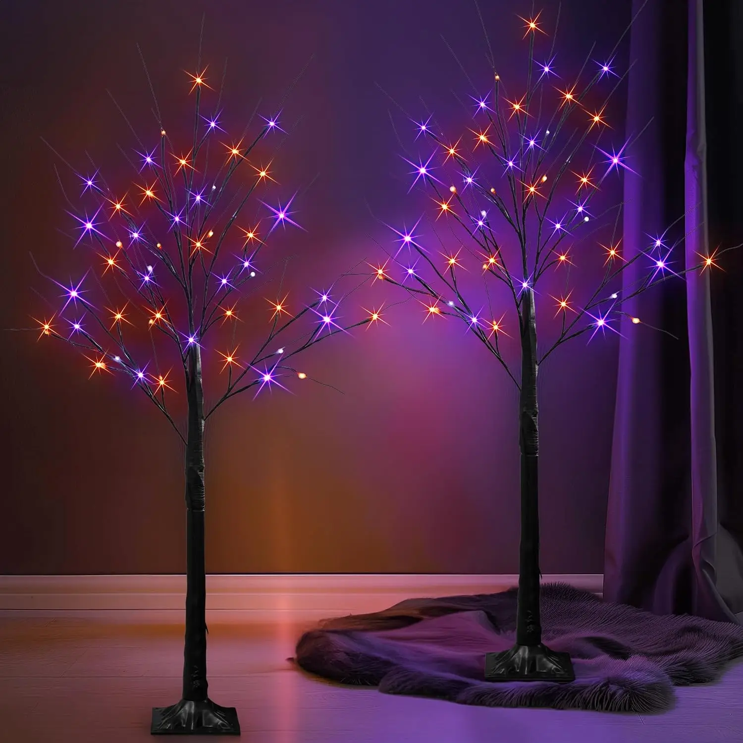 2 Pack 4FT Halloween Lighted Birch Tree Total 96 LED Purple Orange Fairy Lights Timer Waterproof Indoor Outdoor Home Party Hallo