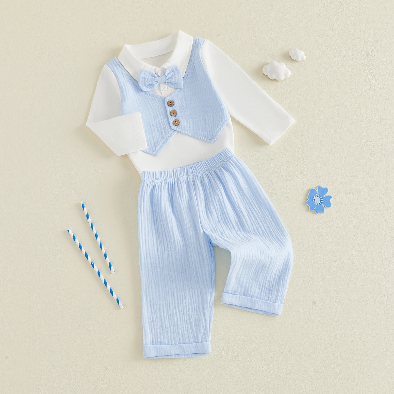 Baby Boy Gentleman Outfits Fake Two-Piece Long Sleeve Romper with Bowtie Pants 3 Piece Fall Set
