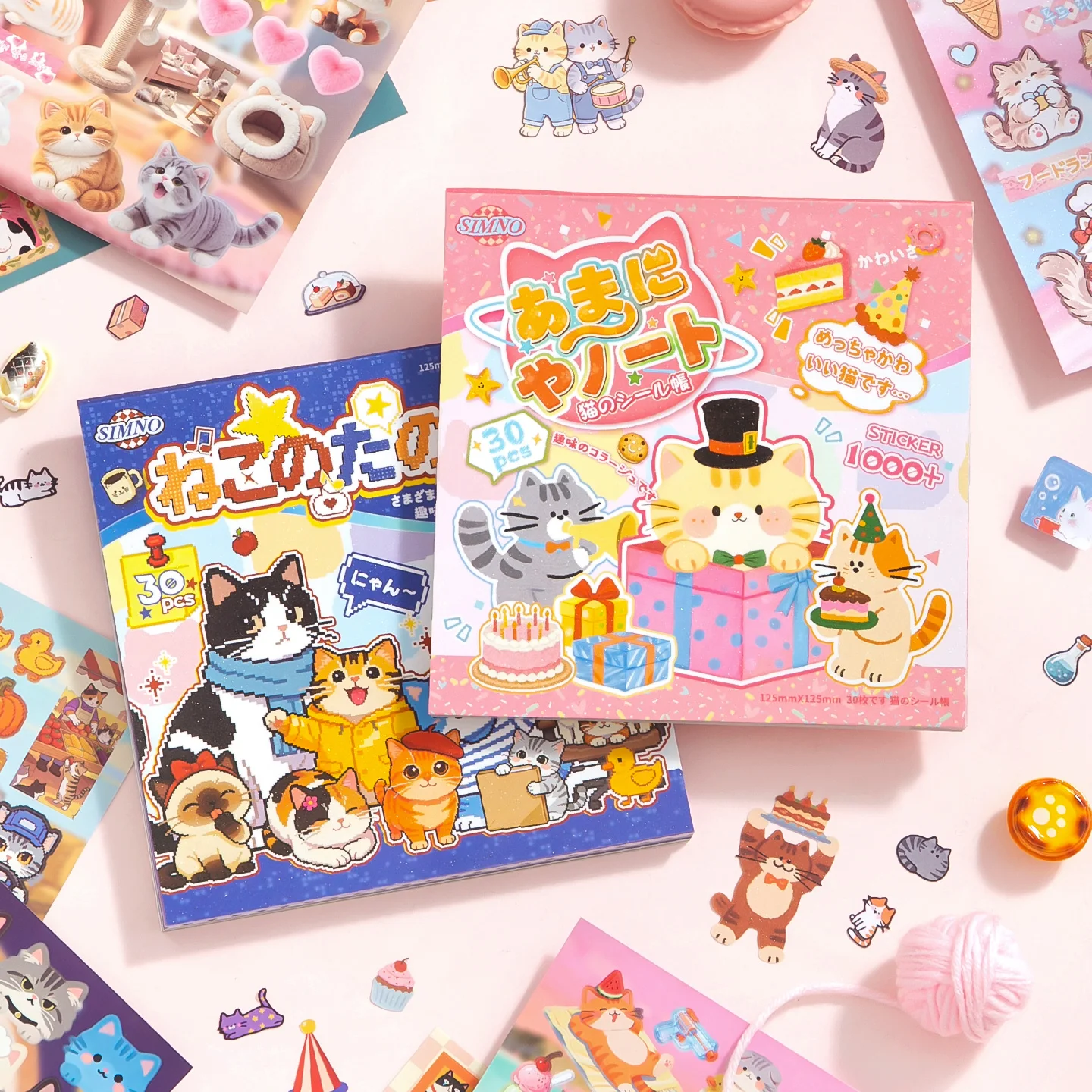 30Pcs Cute Cartoon Cat Coated Paper Sticker Book, Kawaii Kitten with Cake Gifts Decals for Junk Journal Collage Decoration