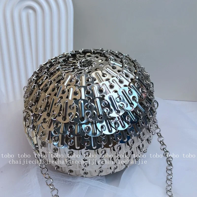 Silver Metallic Shiny Crossbody Bags Inflexible Sequins Handmade Woven Three-dimensional Spherical Bead Box Designer Bags Luxury