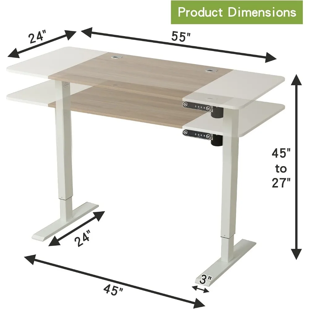 Electric Height Adjustable Standing Desk, 55 x 24 Inches Stand Up Workstation, Splice Board Home Office Computer Table