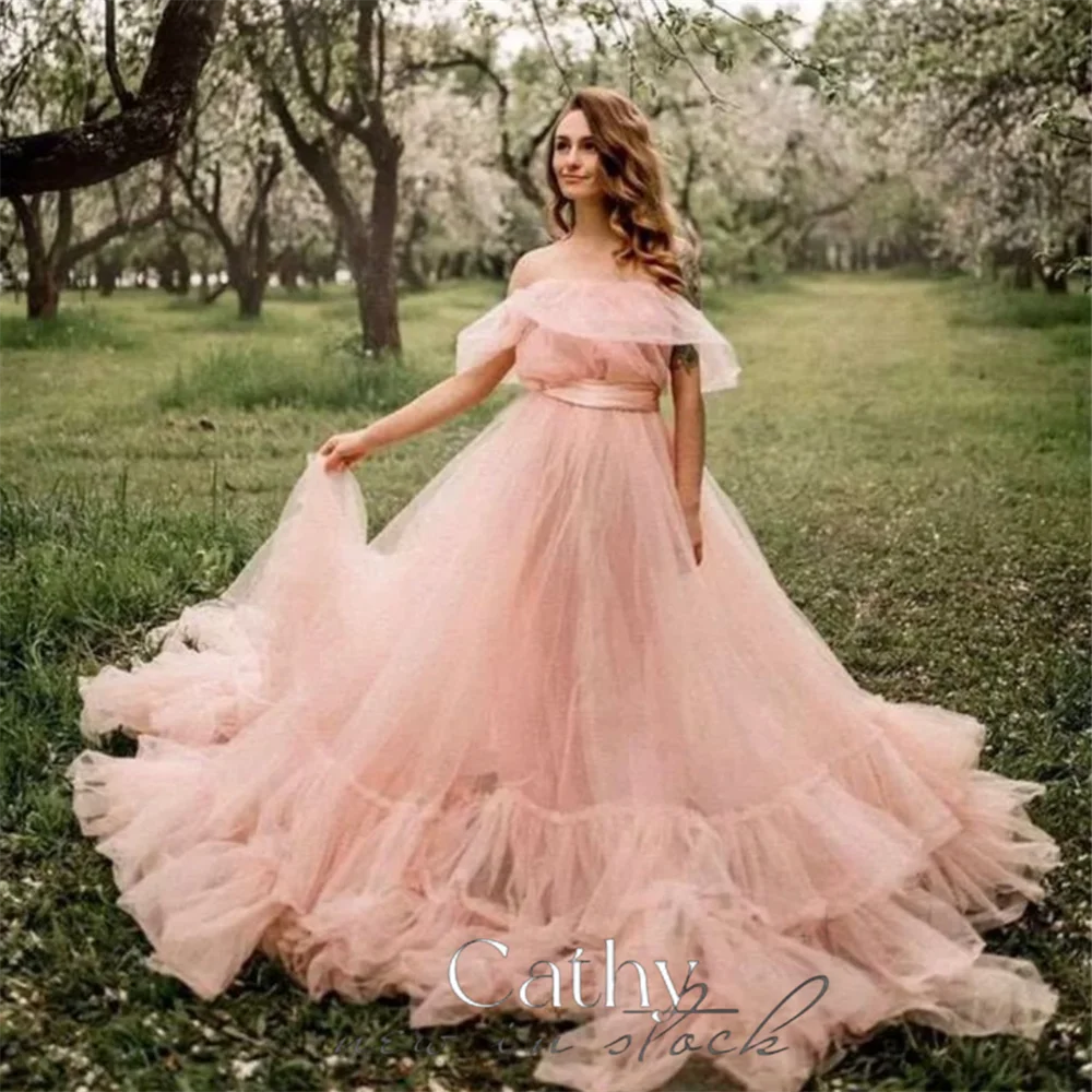 

Cathy Princess Ball Gown Vestidos De Noche Sweet Off Shoulder Prom Dress 2023 Light Pink Tulle Sweep Train فساتين السهرة