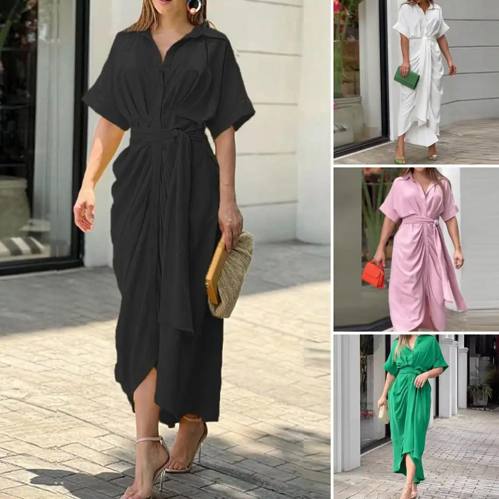 

Single-breasted Shirt Dress Elegant Lace-up Maxi Dress with Turn-down Collar Pleated Details for Women's Summer Wardrobe Casual