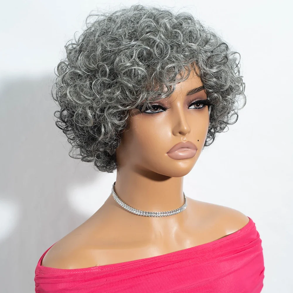 Brazilian Jerry Curl Short Grey Wavy Bob Wigs Nature Remy  Human Hair Full Machine Made Silver  Wigs For Black Women