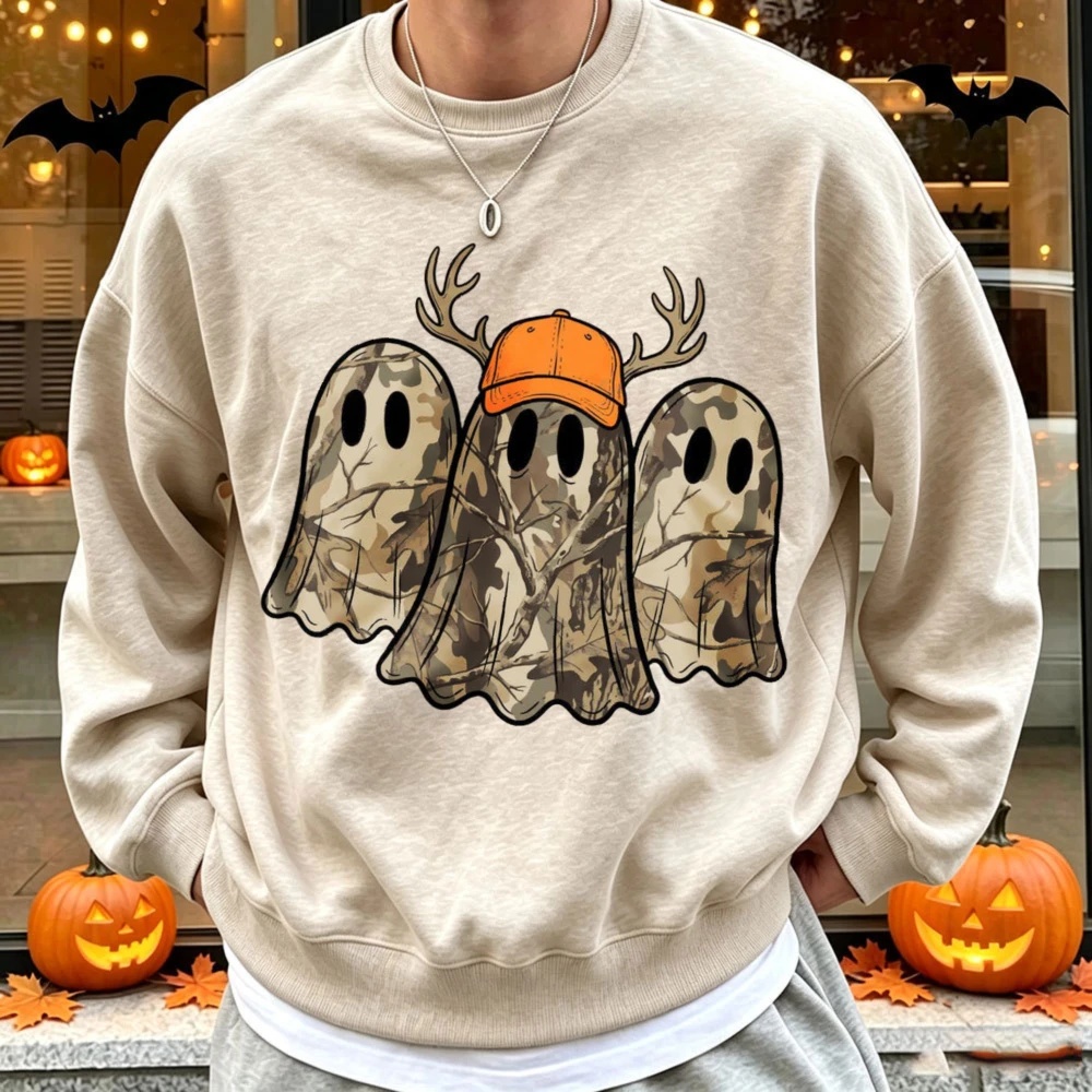 Sudadera con cuello redondo y estampado de camuflaje, diseño de cuernos de ciervo fantasma y gorra naranja, ideal para Halloween, caza, un look espeluznante, estampado de fantasmas, para usar en días festivos y como prenda informal.