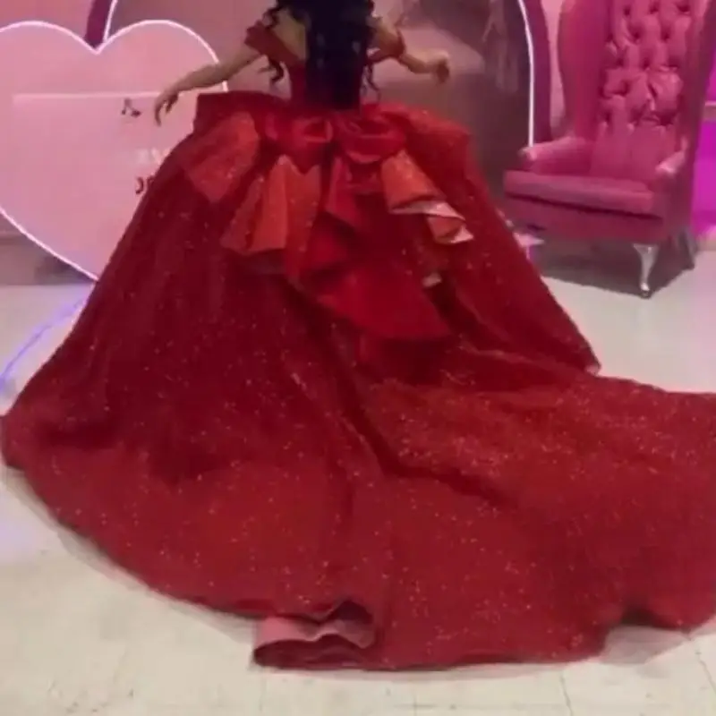 Personalizado elegante vinho vermelho quinceanera vestidos com trem brilhante vestido de baile saia doce 15 16 festa de aniversário vestido de baile