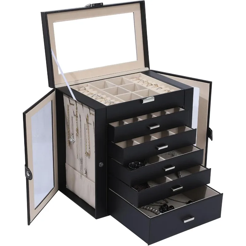 

6 Layer Large Jewelry Boxes With Mirror，Multifunctional 5 Drawers Jewelry Box Organizer with 2 Glass Door