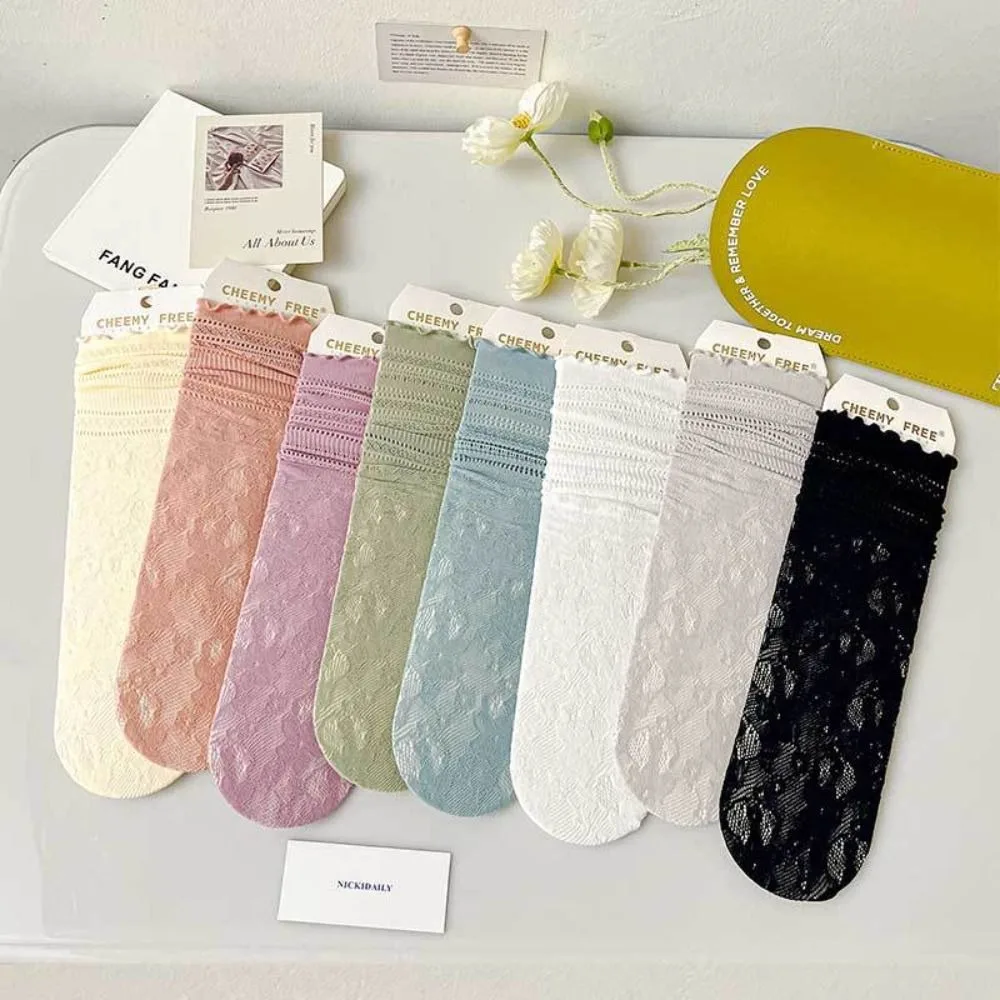 Chaussettes en maille de coton résistantes à l'usure pour femmes, absorbant la sueur, respirantes, chaussettes en dentelle, bonneterie de fleurs coréennes, chaussettes évidées