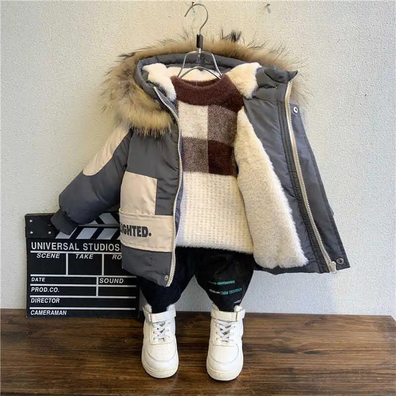 Winter Boys Coat 2023 New Baby Fur Collar Hooded Cotton Plus Velvet Thicken Warm Jacket For Children\'s Coat For Boys 2-8Years