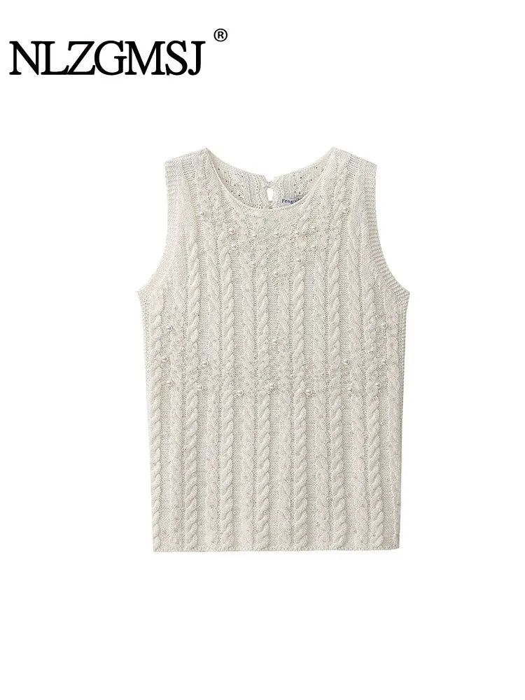 

TRAF 2024 Pearl Sweater Vests For Women Knitted Sleeveless Vest Woman O Neck Sweaters Women's Waistcoat Pullovers Top