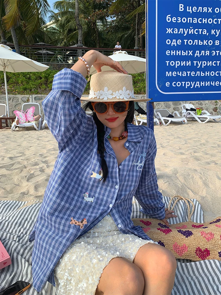 

Spring 2026 Women's Plaid Shirt Loose Long Sleeve Blue Cotton Commute Style Korean Version Straight Cut Print Flannel Top