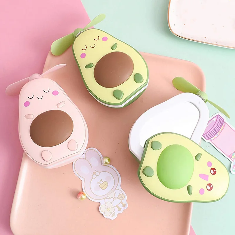 NEW-Mini LED Makeup Mirror and Fan 2 in 1 Integrated Cute Avocado Shaped Practical Portable USB Charging Handheld Fan,Brown