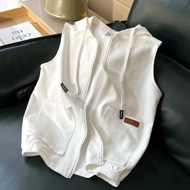 Unisex Gray American Hooded Zip Vest Sleeveless Sweatshirt Drawstring Pocket Casual Spring Autumn Versatile Street Waistcoat